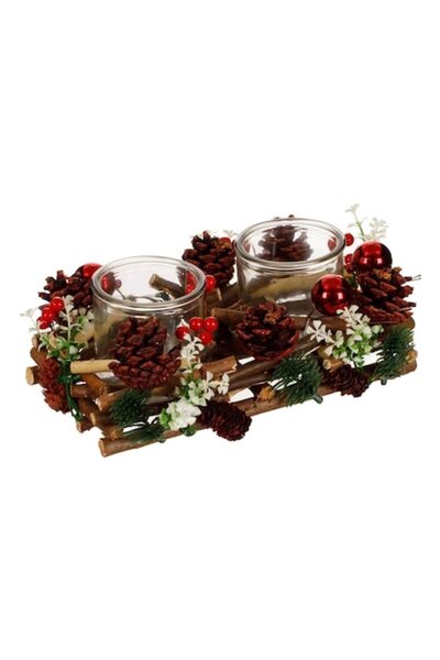 SHOPIENS Decorative Double Holder for Christmas Tea Light Candles Shopiens® with Wood, Cones, and Baubles, 2