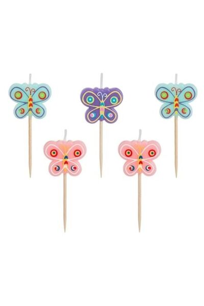 SHOPIENS Set 5 Lumanari Tort Fluturi Multicolori cu Scobitoare, pentru Petrecere