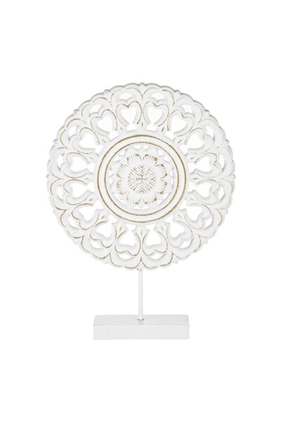 SHOPIENS Wooden Table Decoration Shopiens®, White Flower with Brushed Design on Wooden Base, 20 x 5 x 27 cm