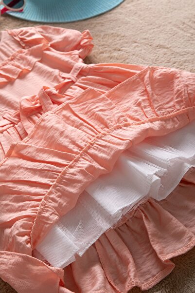 Cansın Mini Salmon Ruffle Detailed Short Sleeve Girls Pleated Dress 22653