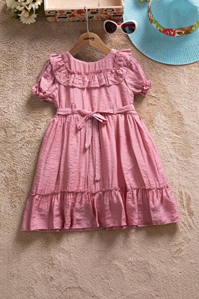 Cansın Mini Pink Ruffle Detailed Short Sleeve Girls Pleated Dress 22651