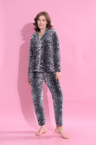 Elit Black Leopard Buttoned Front Velvet Winter Women's Pajama Set Dowry Set Gift