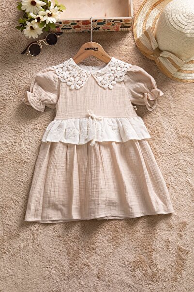 Cansın Mini Brown Lace Collar Baby Girl Short Sleeve Dress 22667