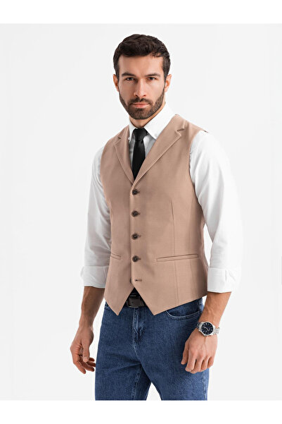 OMBRE Εφαρμοστό κομψό ανδρικό γιλέκο με ελαστάνη και πέτα - καφέ V1 OM-BLZV-0145 M