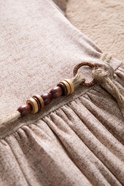 Cansın Mini Brown Floral Pattern Straw Belted Short Sleeve Girls Dress 22650