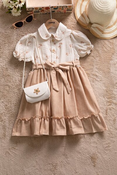 Cansın Mini Brown Muslin Fabric Patterned Girl's Short Sleeve Dress with Bag 22657