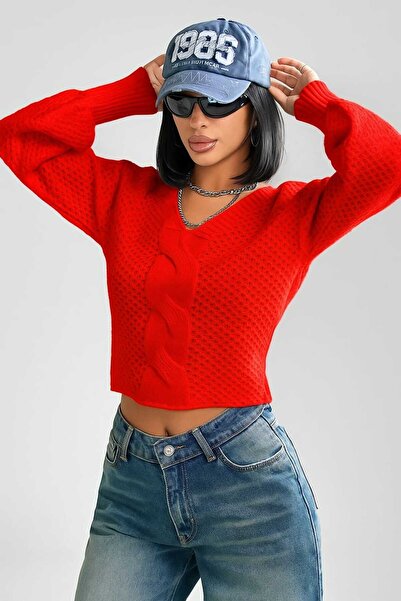 ATE ÖZGÜNEŞ TRİKO TEKSTİL Honeycomb Knitting, with Large Hair Braid in the Middle, Women's Knitted Sweater