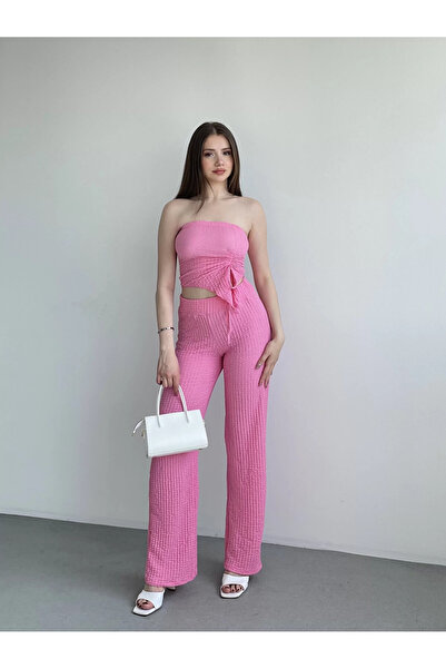 hazelin Women's Pink Elastic Waist Seersucker Fabric Pants Hzl24S-Zk13261