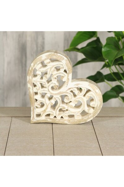 SHOPIENS Decoratiune de Masa Inima din Lemn cu Model Sculptat Perforat 14x15x2.5cm