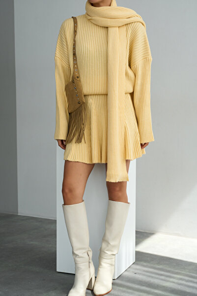 LOOSH Kadın Sarı Yarım Balıkçı Yaka Şal Aksesuarlı Kazak Piliseli Etek Triko ...