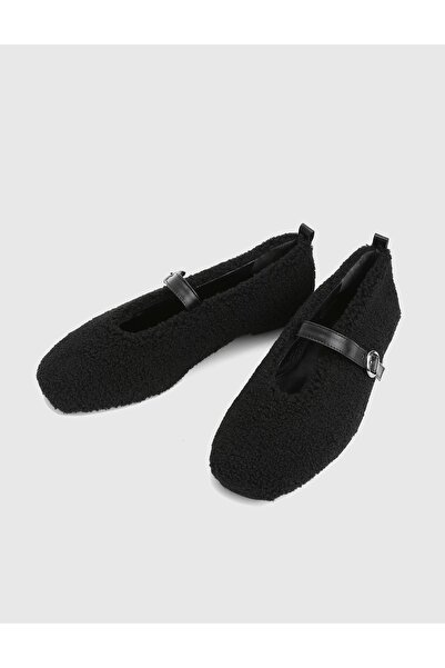 İLVİ Digor Genuine Leather Plush Black Women's Ballerinas