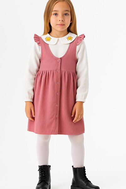 RAPAPA Girl's Pink Suspender Ribbed Dress Set – Floral Embroidered Collar Detailed Blouse-1554-P