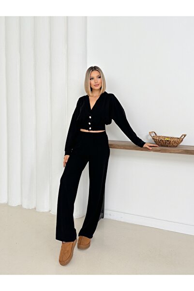 Cistern İstanbul Γυναικείο Μαύρο Σετ Μπλούζα με Κουμπιά και Παντελόνι Δύο Τεμάχια
