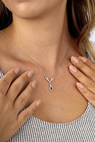 Gümüş Pazarım Beyaz Altın Kaplama Damla Taşlı Safir Su Yolu Kadın Gümüş Kolye