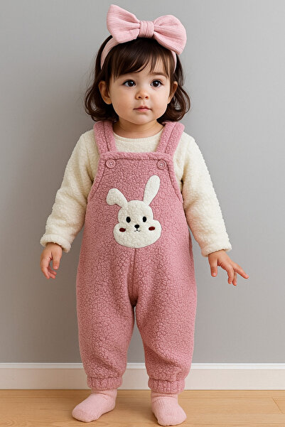 Bubito Rabbit Embroidered Winter Plush Welsoft Baby Romper-Salmon