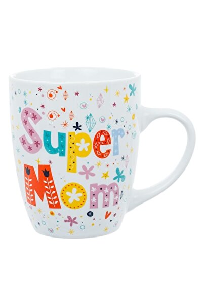 SHOPIENS Cană albă din porțelan cu model colorat de super-mamă, 340 ml