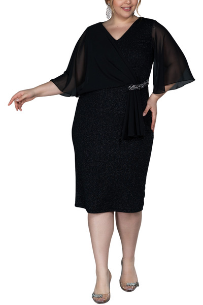 Arden Plus Size Short Evening Dress, Glitter Stone Detail, V-Neck Short Chiffon Sleeve, Dress, Wedding Mother Evening Dress, 44-58