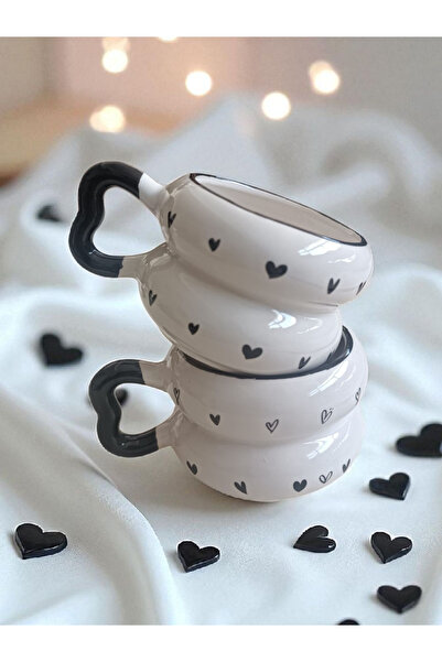 Simge Seramik 2 Li Minik Hearts Patterned Twist Heart Handle Handmade Special Design Cup
