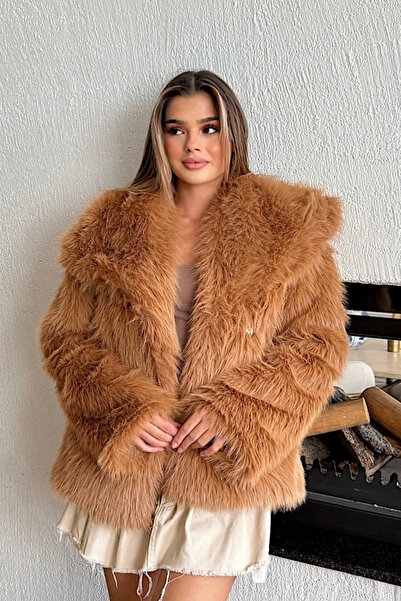 Nana & Mayka Moda Women's Faux Fur Coat – Shawl Collar, Double Breasted, Double Snap Fasteners, Long Sleeves, Thick, Comfortable Fit