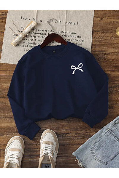 MORNİNG KİDS Girl's Navy Blue Crew Neck Minimal Ribbon Printed Embossed Sweat...