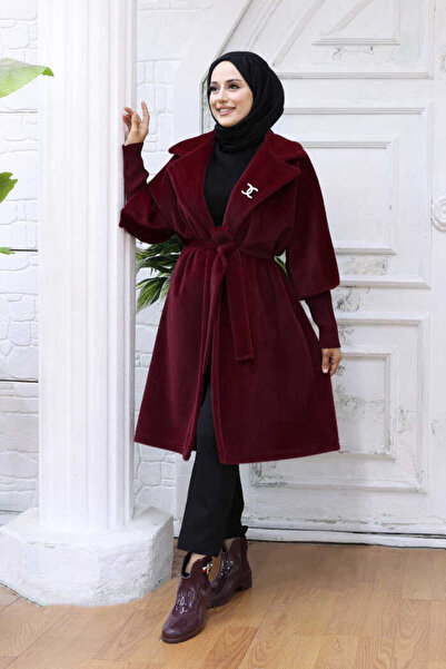 Bym Fashion Waist Belted Collar Stone Brooch Detailed Coat 7874 Burgundy