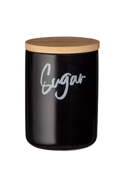 SHOPIENS ® Black Ceramic Sugar Jar with Bamboo Lid and Silicone Ring, 800 ml