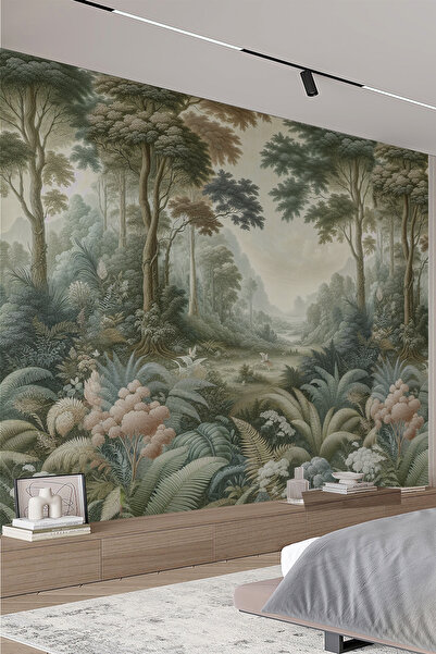 dreamwall Vintage Çizim Stilinde Yeşil Orman Desenli Duvar Kağıdı