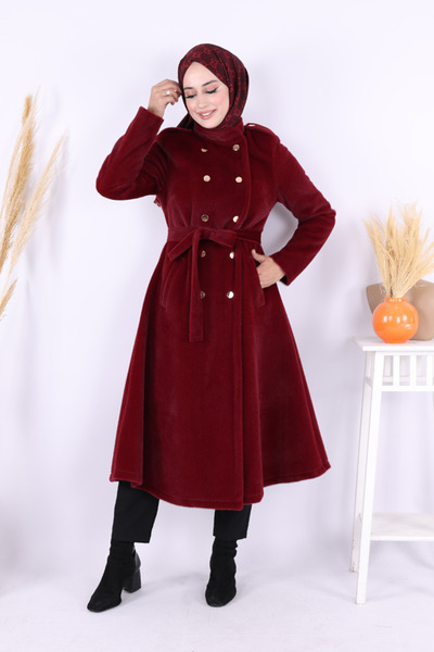 Bym Fashion Snap Button Detail Coat 70035 Claret Red
