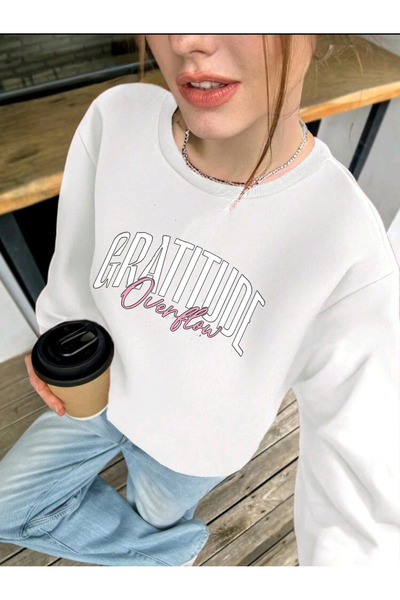 FAVORİST Gratitude Overflow Printed Crew Neck Cotton Unisex Sweatshirt