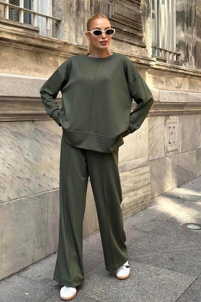 Keyifli Moda Women's Khaki Crew Neck Elastic Waist Wide Leg Two-Piece Set