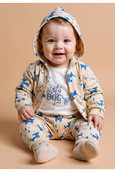 Tuabella %100 Pamuk 3'lü Erkek Bebek Takımı (Çıtçıtlı Badi + Hırka + Alt)