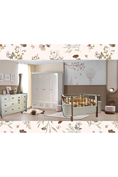 Koza %100 MDF Bohem Mega Ahşap Beyaz Bebek Odası Takımı (4 Kapılı Dolap& Bonn...