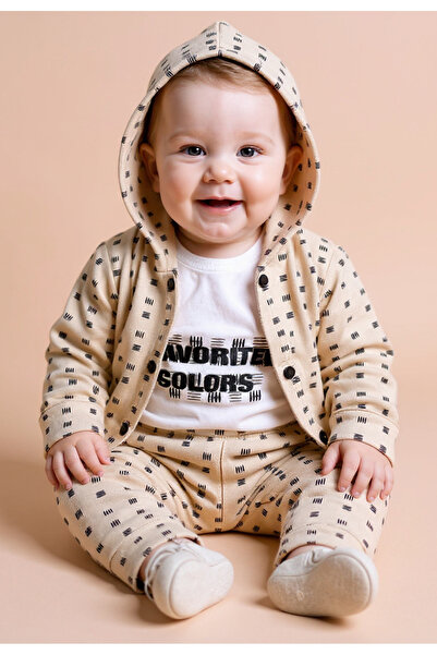 Tuabella %100 Pamuk 3'lü Erkek Bebek Takımı (Çıtçıtlı Badi + Hırka + Alt)