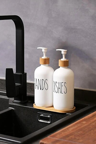 Depa طقم موزع صابون سائل مزدوج من الزجاج الأبيض سعة 500 مل مع قاعدة من الخيزران