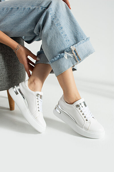 BOUIS Pantofi sport albi cu șireturi pentru femei, talpă confortabilă, confortabilă, moale, pentru mers zilnic