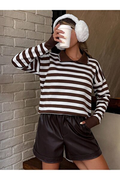 FIRAT kadın ÇİZGİ DETAYLI GÖMLEK YAKA KADIN TRİKO KAZAK