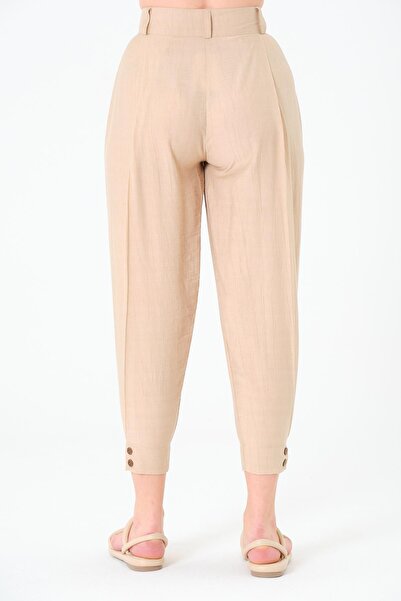 Sortie Women's Beige Color High Waist Ankle Length Buttoned Pleated Carrot Pants