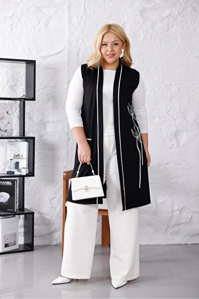 Siyezen Plus Size Stripe Detailed Pocketed Vest