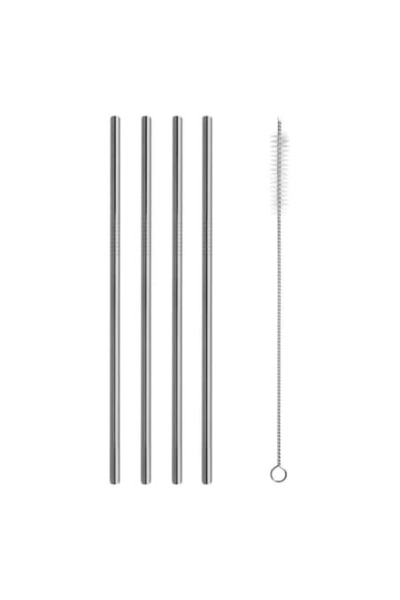 SHOPIENS Set 4 reusable stainless steel straws Shopiens®, straight, silver with cleaning brush, 6 x 175 mm