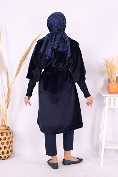 Bym Fashion Waist Belted Collar Stone Brooch Detailed Coat 7874 Navy Blue