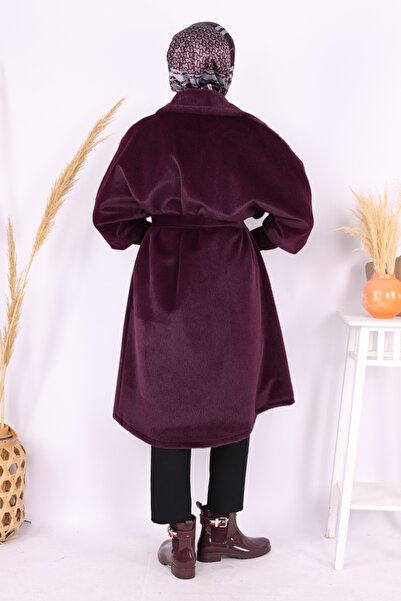 Bym Fashion Waist Belted Collar Stone Brooch Detailed Coat 7874 Purple