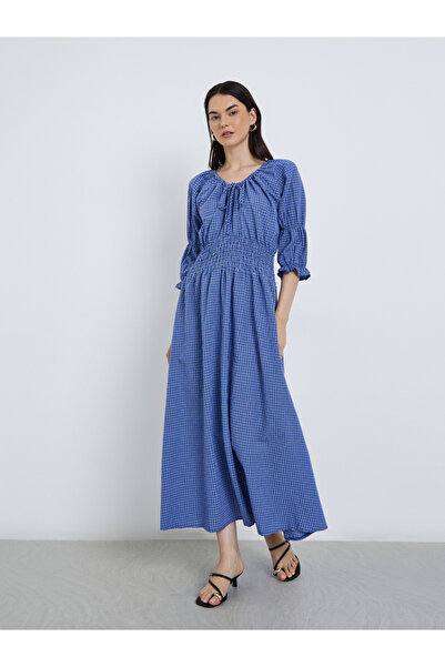 Take Two By Styli Smocked Detail Tie Up Neck Midi Dress