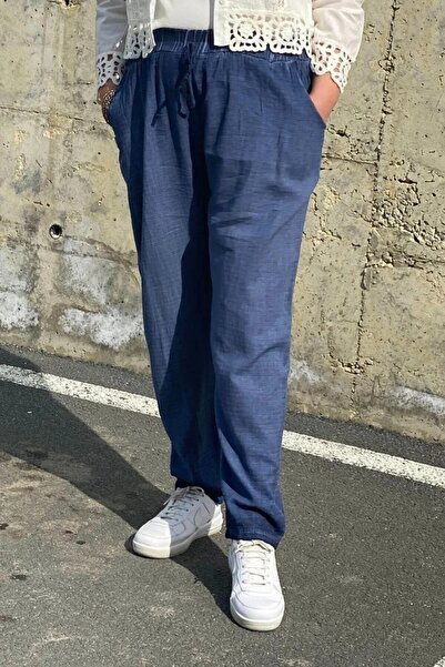 Mia Butik Plus Size Indigo Elastic Waist Linen Trousers