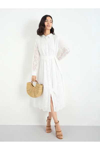 Styli White Schiffli Shirt Midi Dress