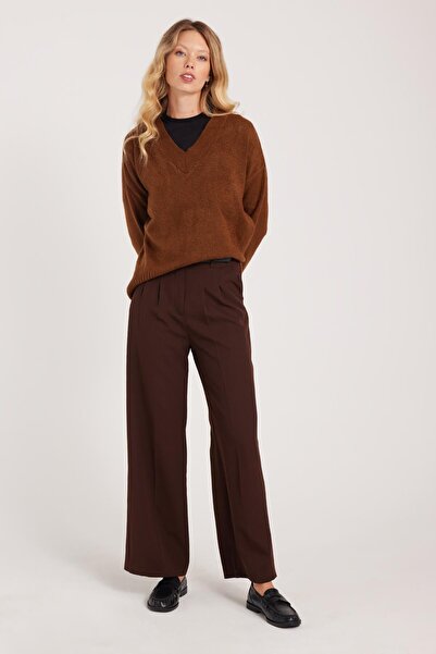 Tudors Women's Regular Fit Classic Cut High Waist Wide Leg Brown Trousers