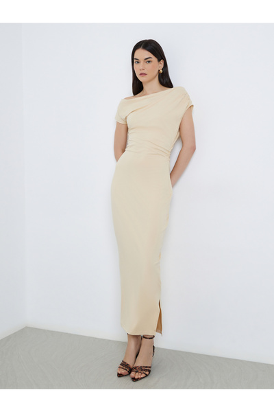 Take Two By Styli Solid Asymmetric Neck Bodycon Midi Dress