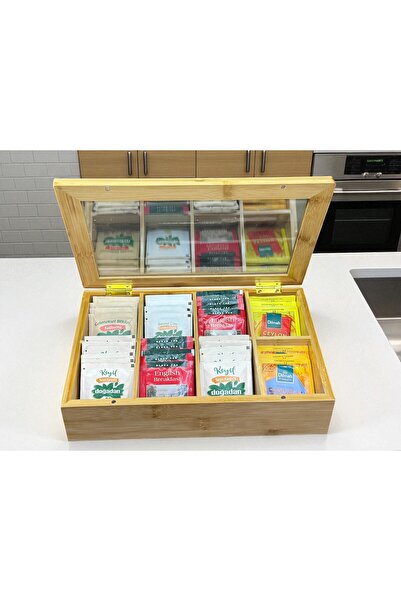 CHANCE GİFT Bambu Çok Amaçlı Organizer Çay Kahve Kapsül Takı Düzenleyici Kapaklı 8 Gözlü Bohem Dekoratif