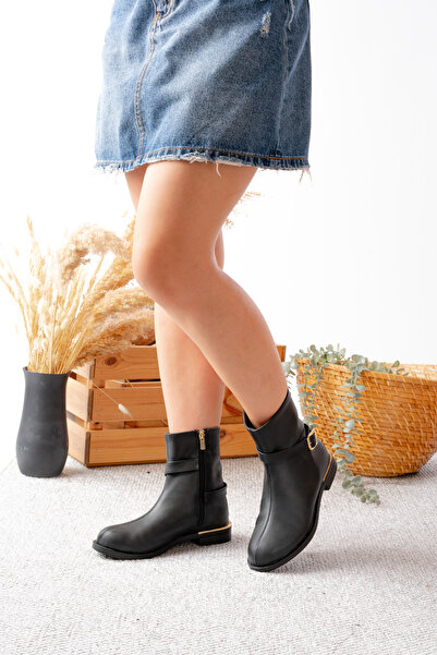 Egepass LİORA Kadın Tokalı Düz Topuklu Fermuarlı Bot GOLD DETAYLI