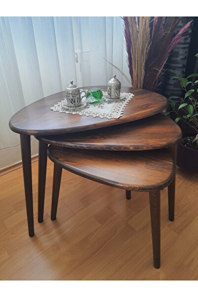 Ekübya Home Doğal Masif Ahşap Asimetrik Form Koyu Ceviz Renkli Üçlü Zigon Seh...