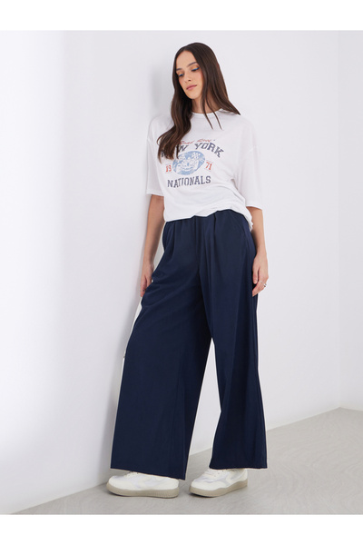Styli Women Navy Blue Corduroy Wide Leg Trousers